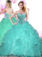 Sleeveless Floor Length Beading Lace Up Quince Ball Gowns with Turquoise