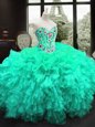 Fabulous Sweetheart Sleeveless Sweet 16 Dresses Floor Length Embroidery and Ruffles Turquoise Organza