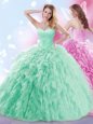 Super Apple Green Sleeveless With Train Beading and Ruffles Lace Up Quinceanera Dress