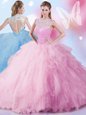 Colorful Baby Pink High-neck Zipper Beading and Ruffles and Sequins Quinceanera Dresses Sleeveless