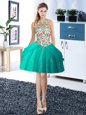 Top Selling Halter Top Sleeveless Tulle Mini Length Lace Up Prom Dress in Turquoise for with Embroidery and Pick Ups