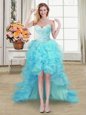 Aqua Blue Lace Up Sweetheart Beading and Ruffles Dress for Prom Organza Sleeveless