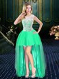 Traditional Turquoise A-line Organza Scoop Sleeveless Beading High Low Clasp Handle