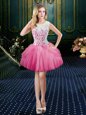 Luxurious Hot Pink Clasp Handle Scoop Lace Prom Gown Tulle Sleeveless