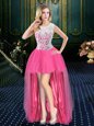 Scoop Hot Pink Organza Zipper Prom Gown Sleeveless High Low Brush Train Beading