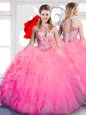 Halter Top Hot Pink Sleeveless Floor Length Beading and Ruffles Lace Up Sweet 16 Dresses