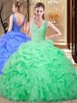 Modest Sleeveless Floor Length Lace and Appliques and Pick Ups Backless Quinceanera Gowns with Apple Green