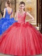 Nice Red Ball Gowns V-neck Sleeveless Tulle and Sequined Floor Length Backless Appliques and Sequins and Pick Ups Quinceanera Gowns