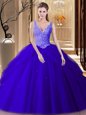Wonderful Royal Blue Backless V-neck Lace and Appliques and Pick Ups Quinceanera Gown Tulle Sleeveless