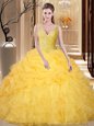 Great Pick Ups V-neck Sleeveless Backless Quinceanera Dress Gold Organza