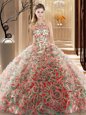 Classical Multi-color Sleeveless Fabric With Rolling Flowers Brush Train Criss Cross Quinceanera Dress for Military Ball and Sweet 16 and Quinceanera