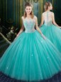 Fabulous Aqua Blue Zipper Quince Ball Gowns Lace Sleeveless Floor Length
