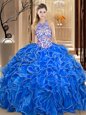 Scoop Backless Organza Sleeveless Floor Length Quinceanera Gown and Embroidery and Ruffles