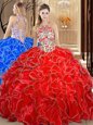 Scoop Sleeveless Backless Sweet 16 Quinceanera Dress Coral Red Organza