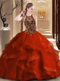 Admirable Scoop Backless Rust Red Quinceanera Gown Tulle Brush Train Sleeveless Embroidery and Ruffles