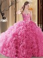Rose Pink Lace Up 15th Birthday Dress Embroidery and Ruffles and Pick Ups Sleeveless Floor Length