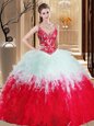 Luxury White And Red Straps Neckline Appliques and Ruffles Quinceanera Dress Sleeveless Lace Up