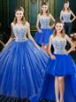 Fashionable Four Piece Royal Blue Tulle Zipper Vestidos de Quinceanera Sleeveless Floor Length Brush Train Lace
