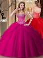 Best Fuchsia Tulle Lace Up Sweetheart Sleeveless Floor Length Ball Gown Prom Dress Beading
