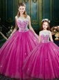 Excellent Hot Pink Ball Gowns High-neck Sleeveless Tulle Floor Length Lace Up Lace Quinceanera Dresses