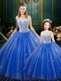 Affordable Royal Blue Sleeveless Floor Length Lace Zipper Ball Gown Prom Dress