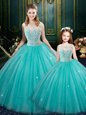 Custom Made Turquoise Tulle Zipper High-neck Sleeveless Floor Length Quinceanera Dress Lace
