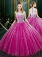 Floor Length Zipper 15th Birthday Dress Fuchsia and In for Military Ball and Sweet 16 and Quinceanera with Lace