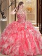 Superior Peach Sleeveless Tulle Lace Up Sweet 16 Dresses for Prom and Military Ball and Sweet 16 and Quinceanera