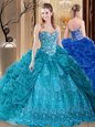 Customized Floor Length Lace Up Sweet 16 Dress Teal and In for Prom and Military Ball and Sweet 16 and Quinceanera with Embroidery and Pick Ups