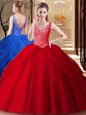 Fabulous Pick Ups V-neck Sleeveless Backless Vestidos de Quinceanera Red Tulle