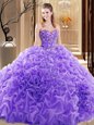 Fitting Sleeveless Embroidery and Ruffles and Pick Ups Lace Up Quinceanera Gown with Lavender Court Train