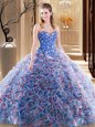 Exquisite Multi-color Fabric With Rolling Flowers Lace Up Sweetheart Sleeveless With Train Quinceanera Gowns Brush Train Embroidery and Ruffles