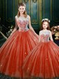 Tulle High-neck Sleeveless Zipper Lace Ball Gown Prom Dress in Orange Red