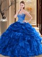 Perfect Organza Sweetheart Sleeveless Lace Up Beading and Pick Ups Quince Ball Gowns in Royal Blue