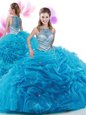 Traditional High-neck Sleeveless Quince Ball Gowns Court Train Ruffles Baby Blue Organza