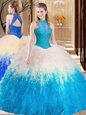 Multi-color High-neck Neckline Lace and Appliques and Ruffles Vestidos de Quinceanera Sleeveless Backless