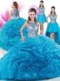 Dramatic Four Piece Ruffles and Pick Ups Sweet 16 Dresses Aqua Blue Zipper Sleeveless With Train Court Train