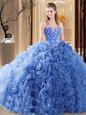 Traditional Organza and Fabric With Rolling Flowers Sleeveless 15 Quinceanera Dress Court Train and Embroidery and Ruffles