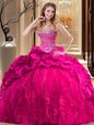 Sleeveless Beading and Ruffles Lace Up 15 Quinceanera Dress with Hot Pink Brush Train