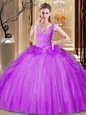 Custom Made Purple Ball Gowns Tulle and Sequined V-neck Sleeveless Appliques and Ruffles and Sequins Floor Length Backless Sweet 16 Dress