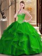 Elegant Sleeveless Tulle Floor Length Lace Up Quince Ball Gowns in Green for with Beading and Ruffles