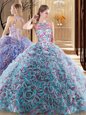 Custom Designed Multi-color Ball Gowns High-neck Sleeveless Fabric With Rolling Flowers Sweep Train Criss Cross Ruffles and Pattern Sweet 16 Dress
