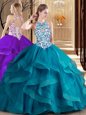Teal Vestidos de Quinceanera Military Ball and Sweet 16 and Quinceanera and For with Embroidery and Ruffles Scoop Sleeveless Brush Train Lace Up