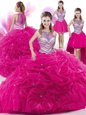 Four Piece Pick Ups Hot Pink Sleeveless Organza Zipper Quinceanera Dresses for Military Ball and Sweet 16 and Quinceanera