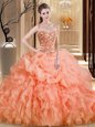 Colorful Sleeveless Brush Train Beading and Embroidery and Ruffles Lace Up Quinceanera Gowns