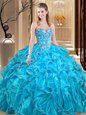 Most Popular Teal Sleeveless Organza Lace Up Ball Gown Prom Dress for Military Ball and Sweet 16 and Quinceanera
