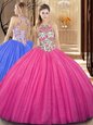 Scoop Hot Pink Tulle Backless Vestidos de Quinceanera Sleeveless Floor Length Embroidery and Sequins