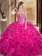 Superior Fuchsia Ball Gowns Sweetheart Sleeveless Organza Floor Length Lace Up Embroidery and Ruffles 15 Quinceanera Dress