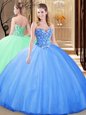 Sleeveless Tulle Floor Length Lace Up Sweet 16 Dress in Blue for with Embroidery