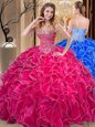 Dazzling Hot Pink Sweet 16 Quinceanera Dress Military Ball and Sweet 16 and Quinceanera and For with Beading and Ruffles Sweetheart Sleeveless Lace Up